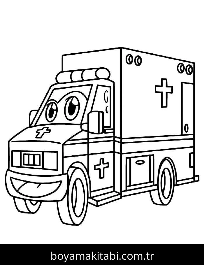 Ambulans boyama sayfası – PDF indir, sevimli karakter