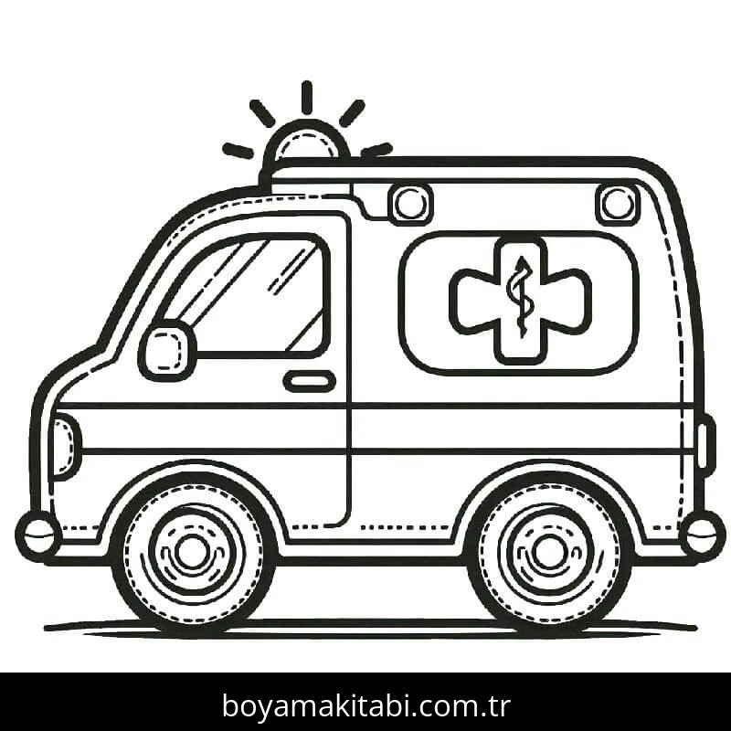 Ambulans boyama sayfası – PDF indir, sevimli karakter