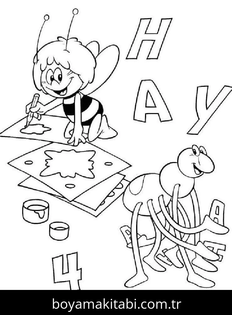 Arı Maya boyama sayfası – PDF indir, sevimli karakter