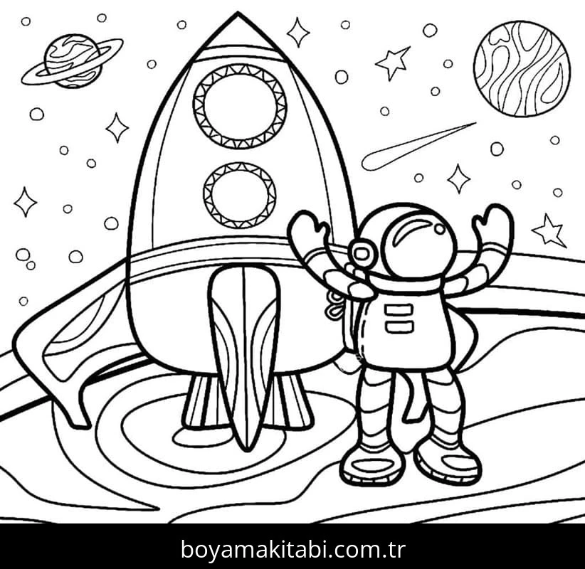 Astronotlar boyama sayfası – çocuk aktivitesi, PDF indir