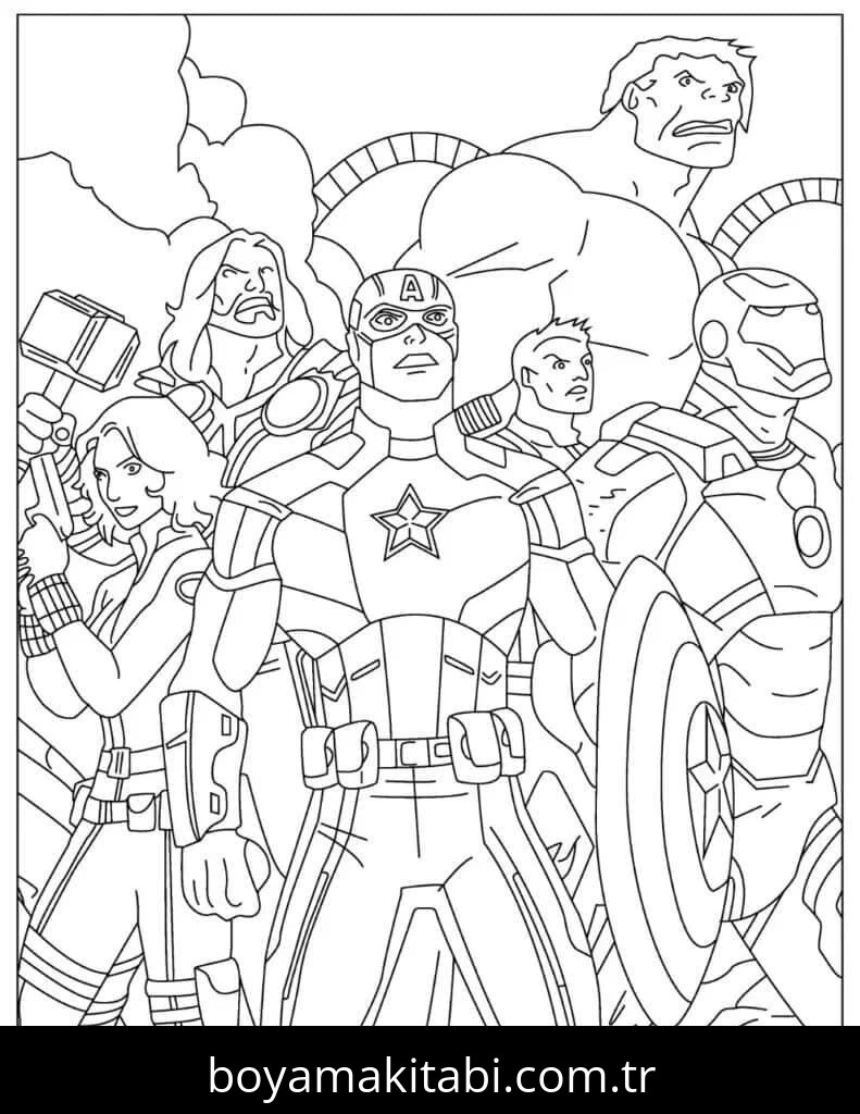 Avengers (Yenilmezler) boyama sayfası – sevimli karakter, sanatsal çalışma