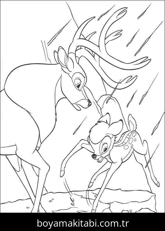 Bambi boyama sayfası – basit çizim, kolay boyama