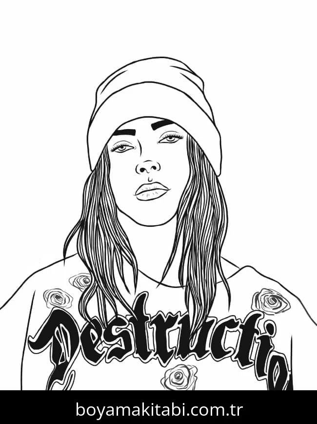 Billie Eilish boyama sayfası #4 – sabır ve özgüven kazandırır, yaratıcı sanat çalışması