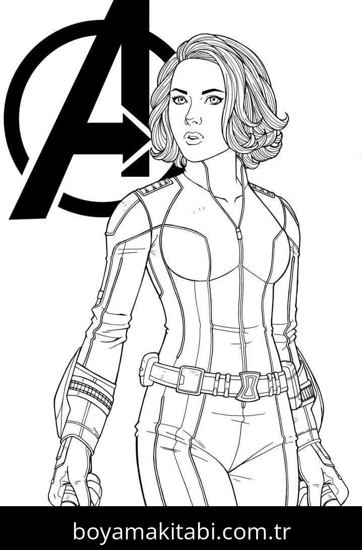 Black Widow boyama sayfası – sevimli karakter, sanatsal çalışma