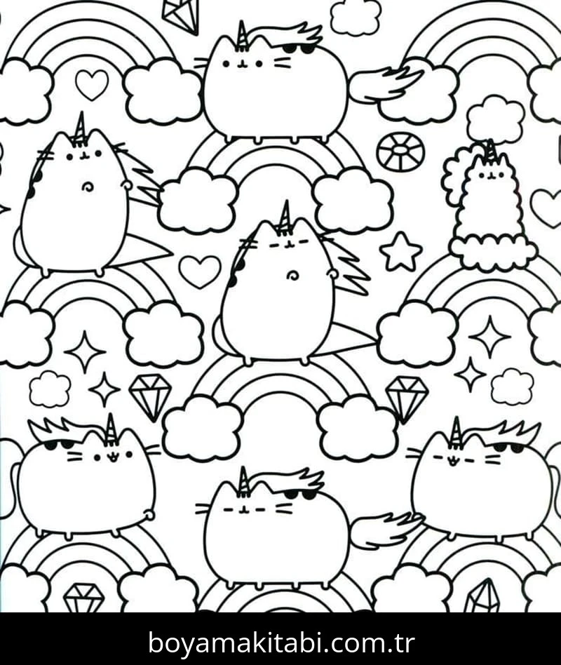 Pusheen boyama sayfası – çocuk aktivitesi, PDF indir