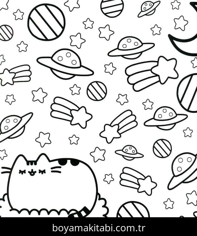 Pusheen boyama sayfası – sanatsal çalışma, çocuklar için