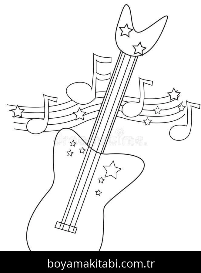 Gitar boyama sayfası – çizgi film temalı, basit çizim