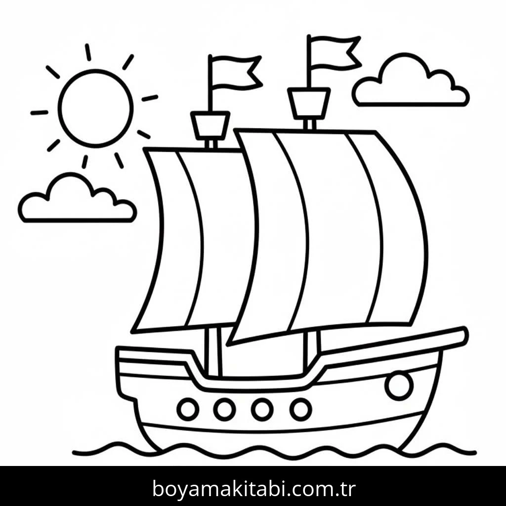 Gemi boyama sayfası – çocuklar için, çizgi film temalı