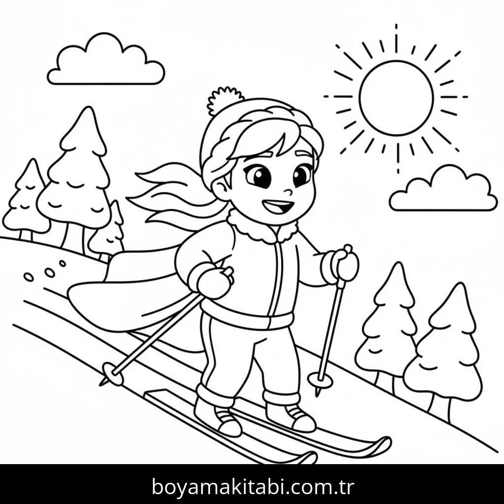 Kayak boyama sayfası – çizgi film temalı, basit çizim