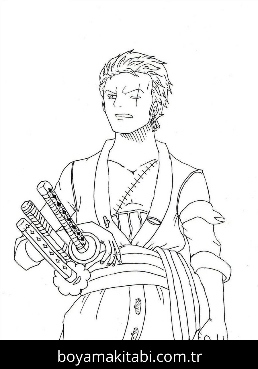 Roronoa Zoro boyama sayfası – sevimli karakter, sanatsal çalışma