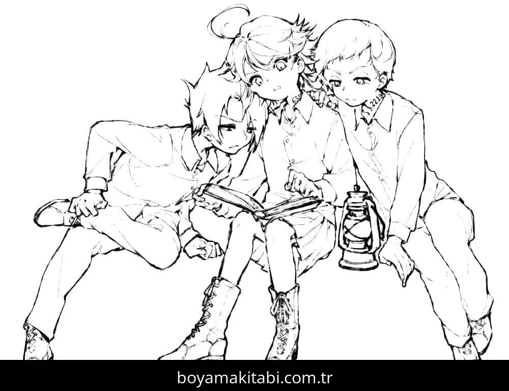 The Promised Neverland boyama sayfası – çizgi film temalı, basit çizim