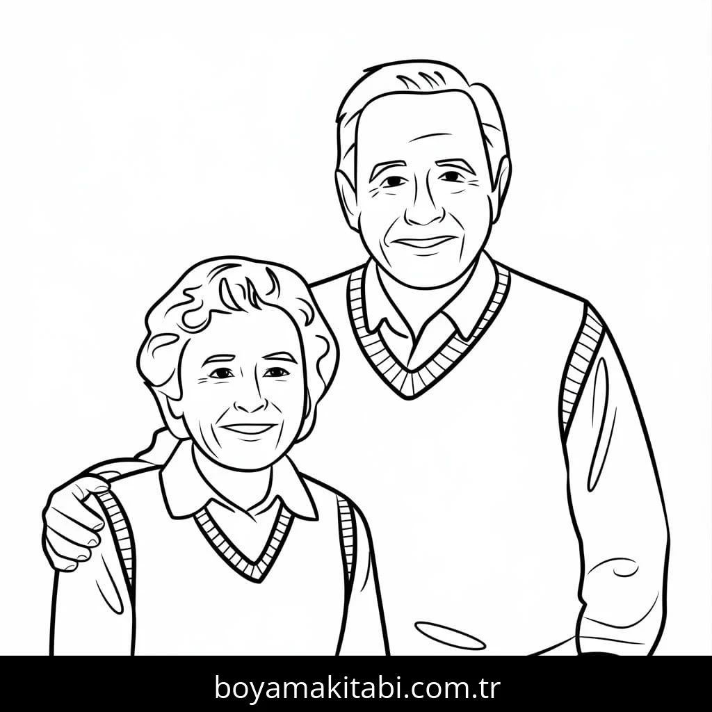Büyükanne ve Büyükbaba boyama sayfası – sevimli karakter, sanatsal çalışma
