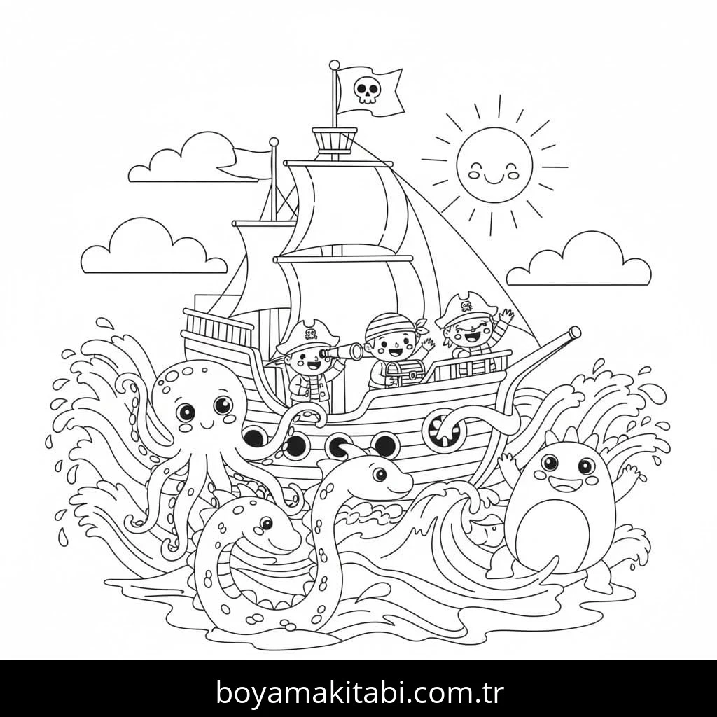 Gemi boyama sayfası – sevimli karakter, sanatsal çalışma