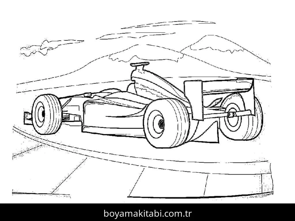 Formula 1 boyama sayfası – çizgi film temalı, basit çizim