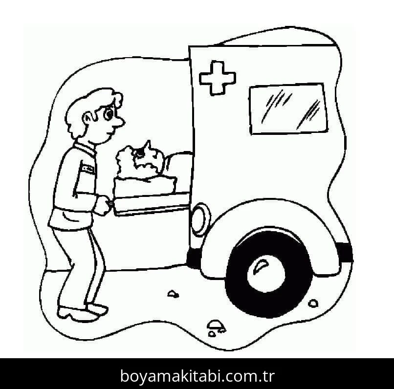 Ambulans boyama sayfası – renkli çizimler, okul öncesi