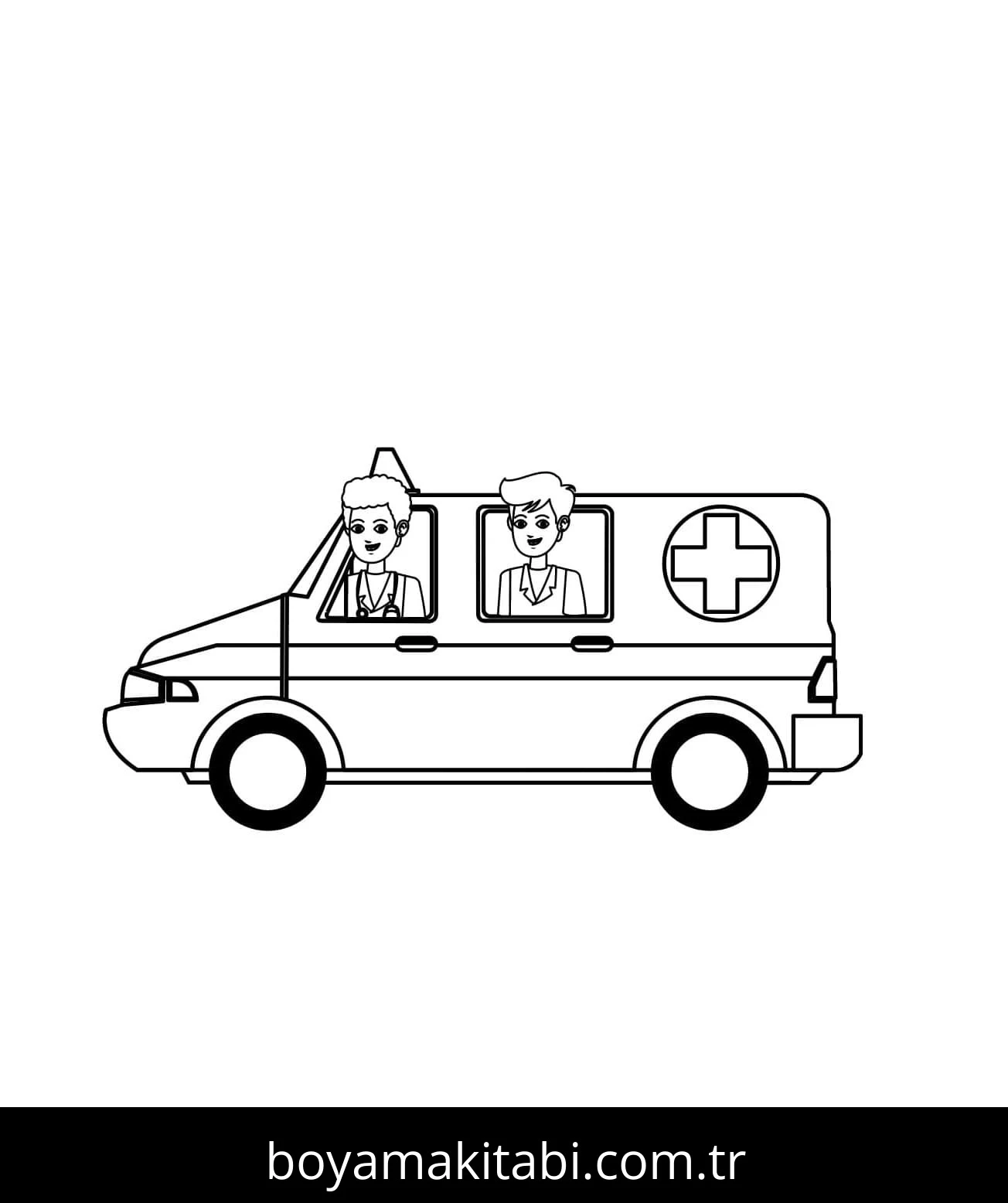 Ambulans boyama sayfası – PDF indir, sevimli karakter