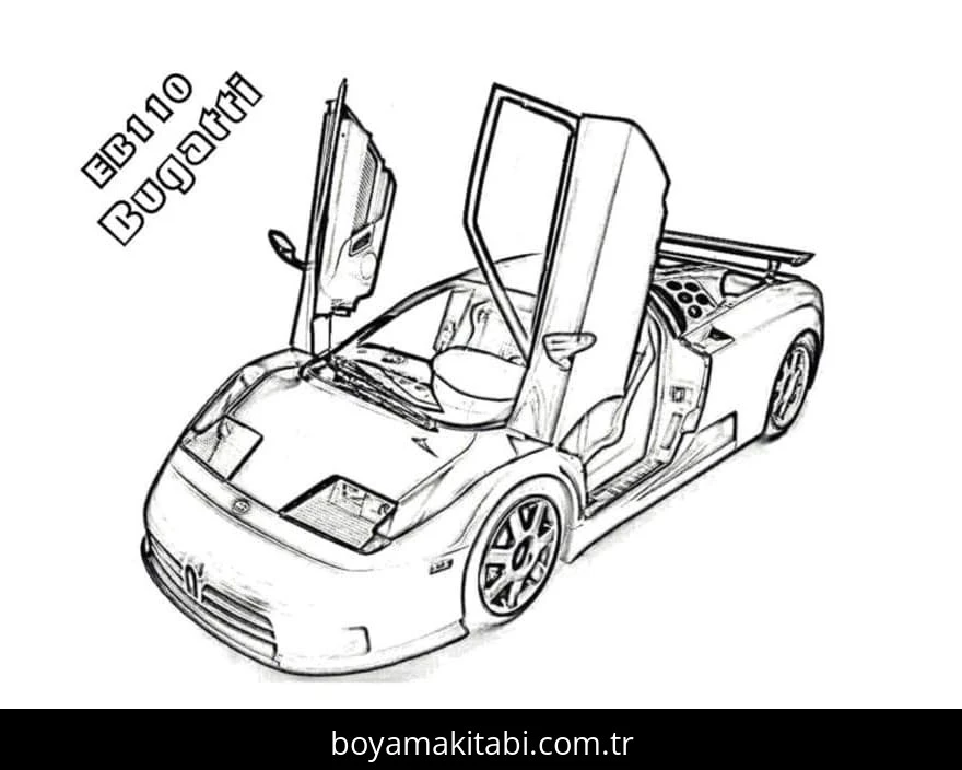Bugatti boyama sayfası – çocuklar için, çizgi film temalı