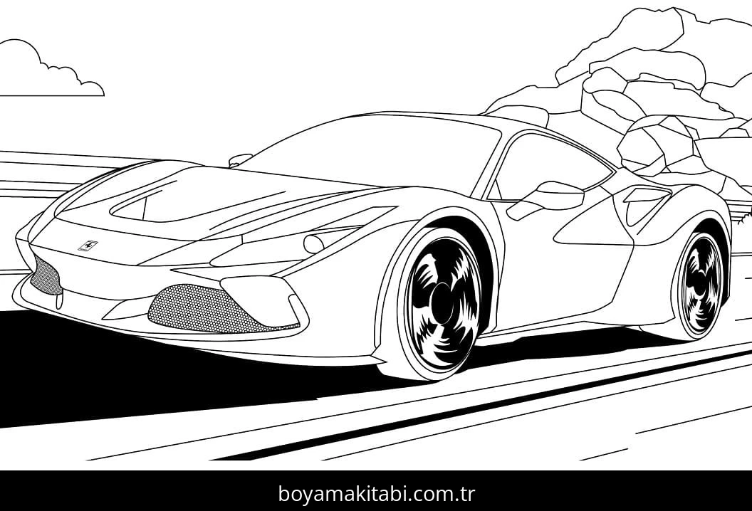 Ferrari boyama sayfası – sevimli karakter, sanatsal çalışma