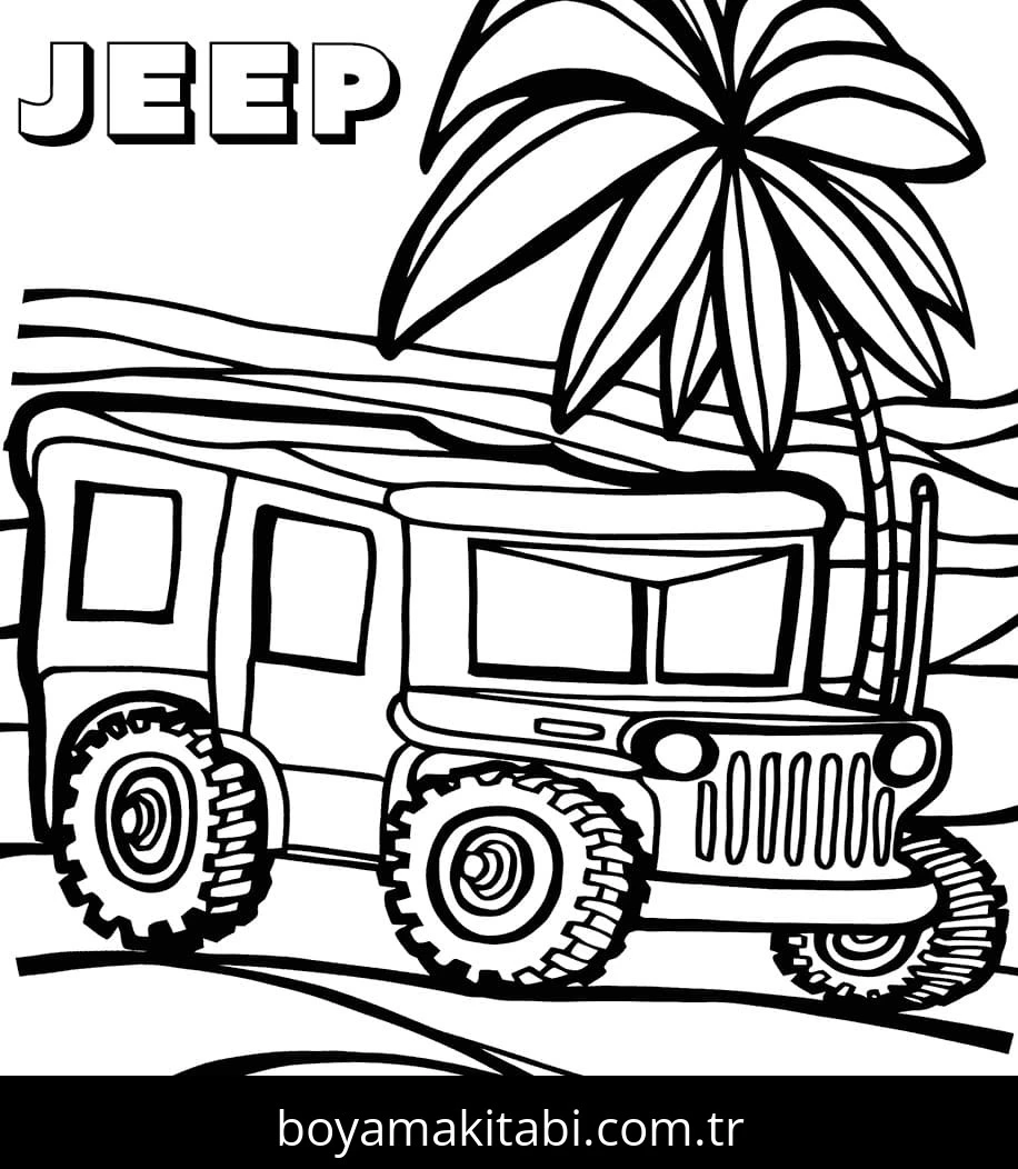 Jeep boyama sayfası – çizgi film temalı, basit çizim