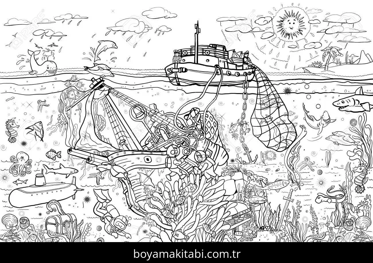 Gemi boyama sayfası – boyama etkinliği, çocuk aktivitesi