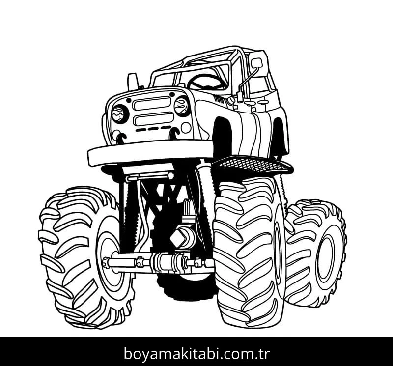 Monster Truck boyama sayfası – sevimli karakter, sanatsal çalışma