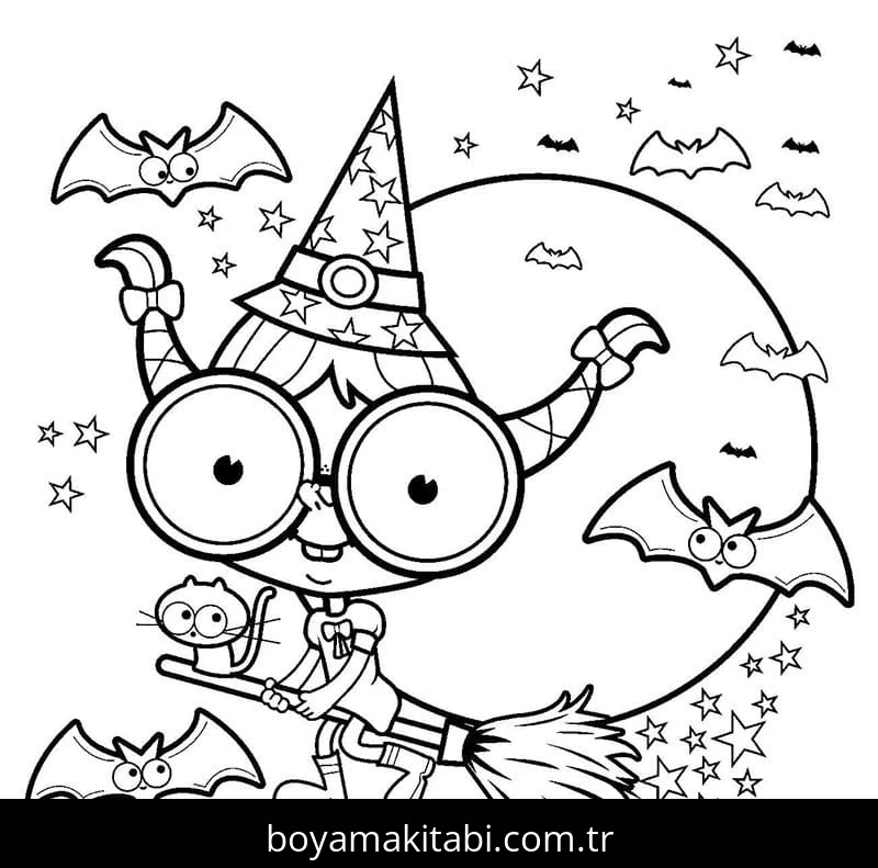 Cadılar Bayramı (Halloween) boyama sayfası – PDF indir, sevimli karakter