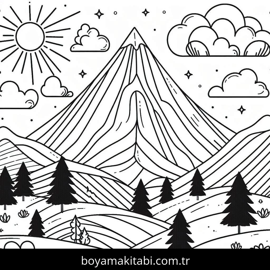 Dağ boyama sayfası – el becerilerini geliştirir, boyama çalışması