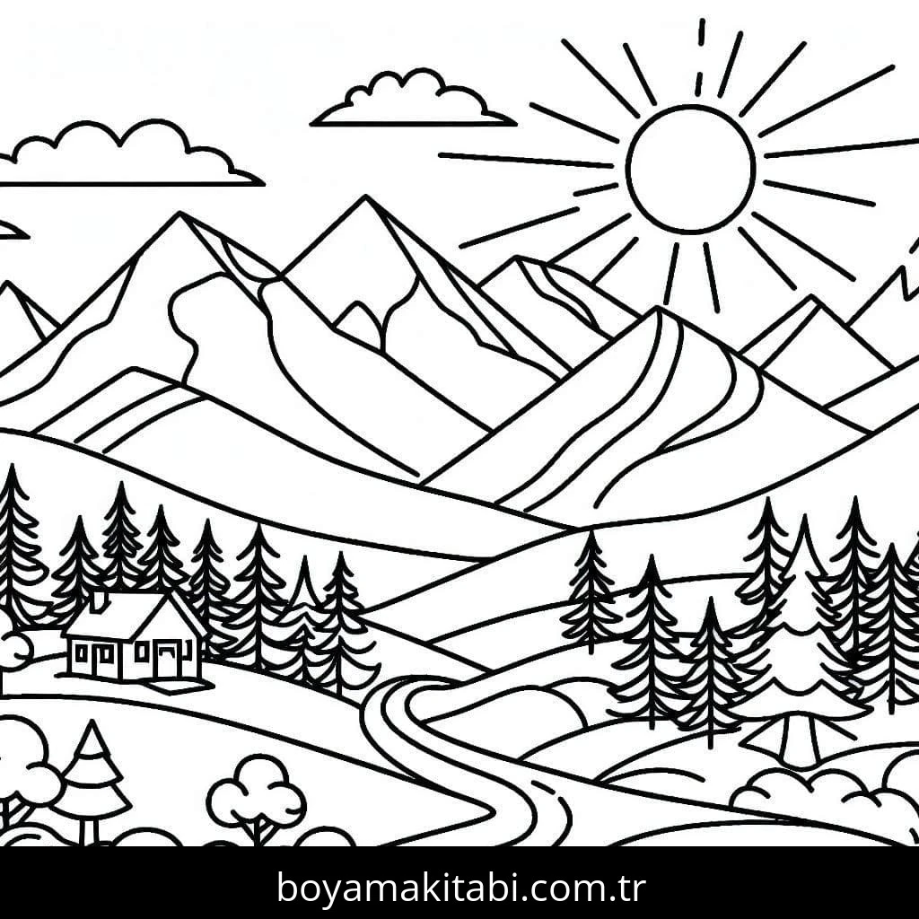 Dağ boyama sayfası – evde etkinlik, ücretsiz yazdır