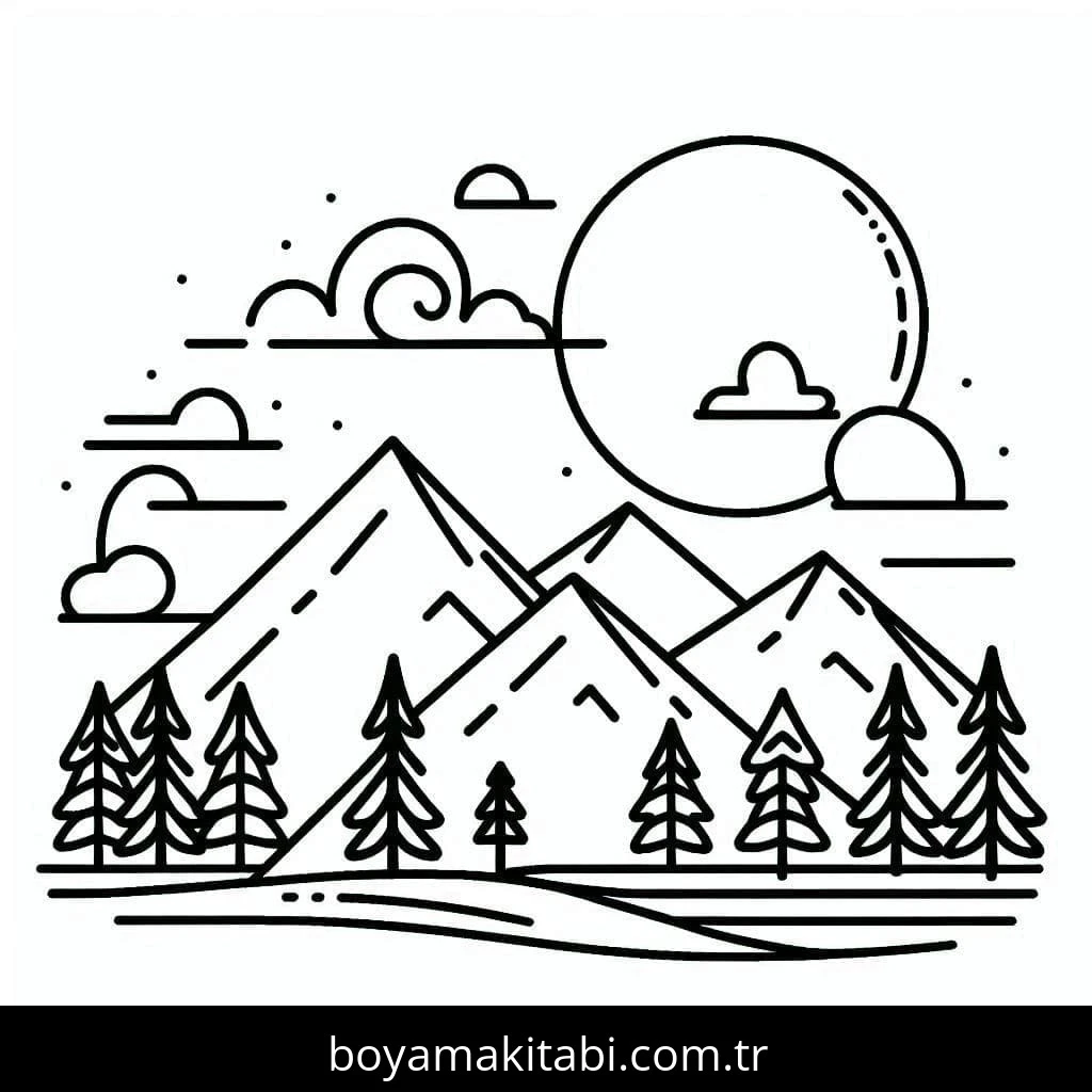 Dağ boyama sayfası – çocuk aktivitesi, PDF indir