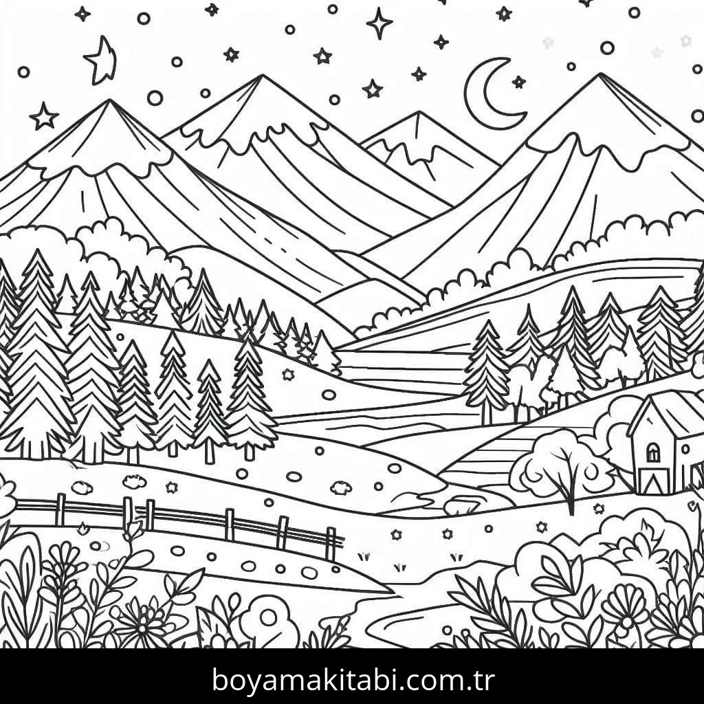 Dağ boyama sayfası – sanatsal çalışma, çocuklar için