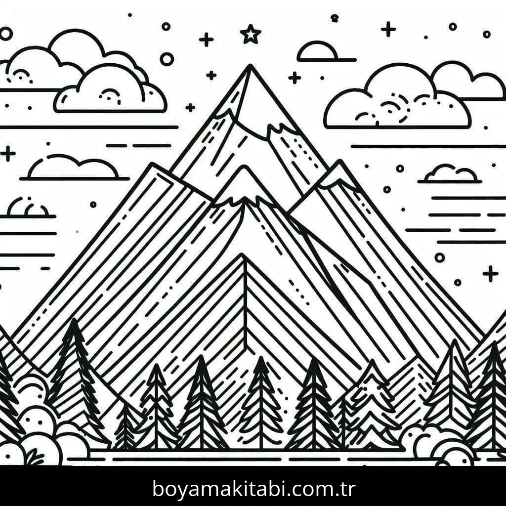 Dağ boyama sayfası – basit çizim, kolay boyama