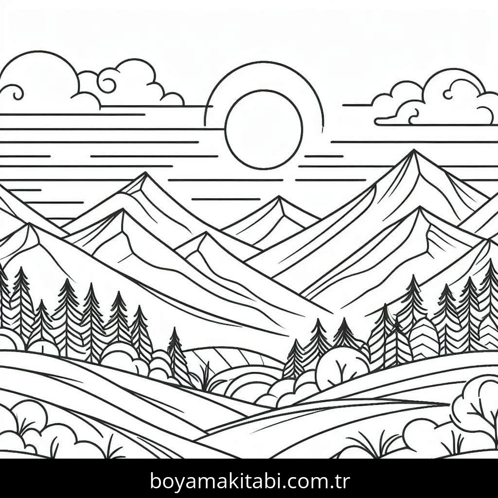 Dağ boyama sayfası – renkli çizimler, okul öncesi