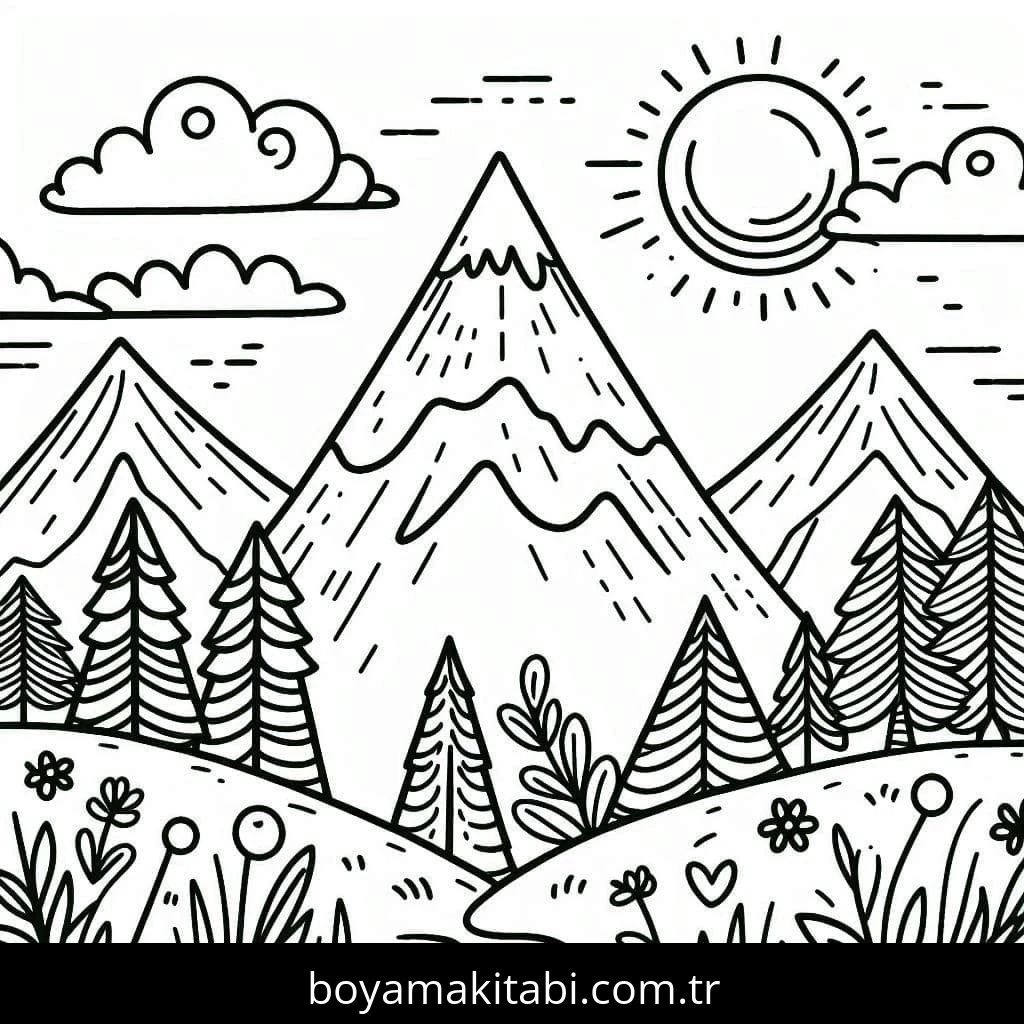 Dağ boyama sayfası – ücretsiz yazdır, boyama etkinliği