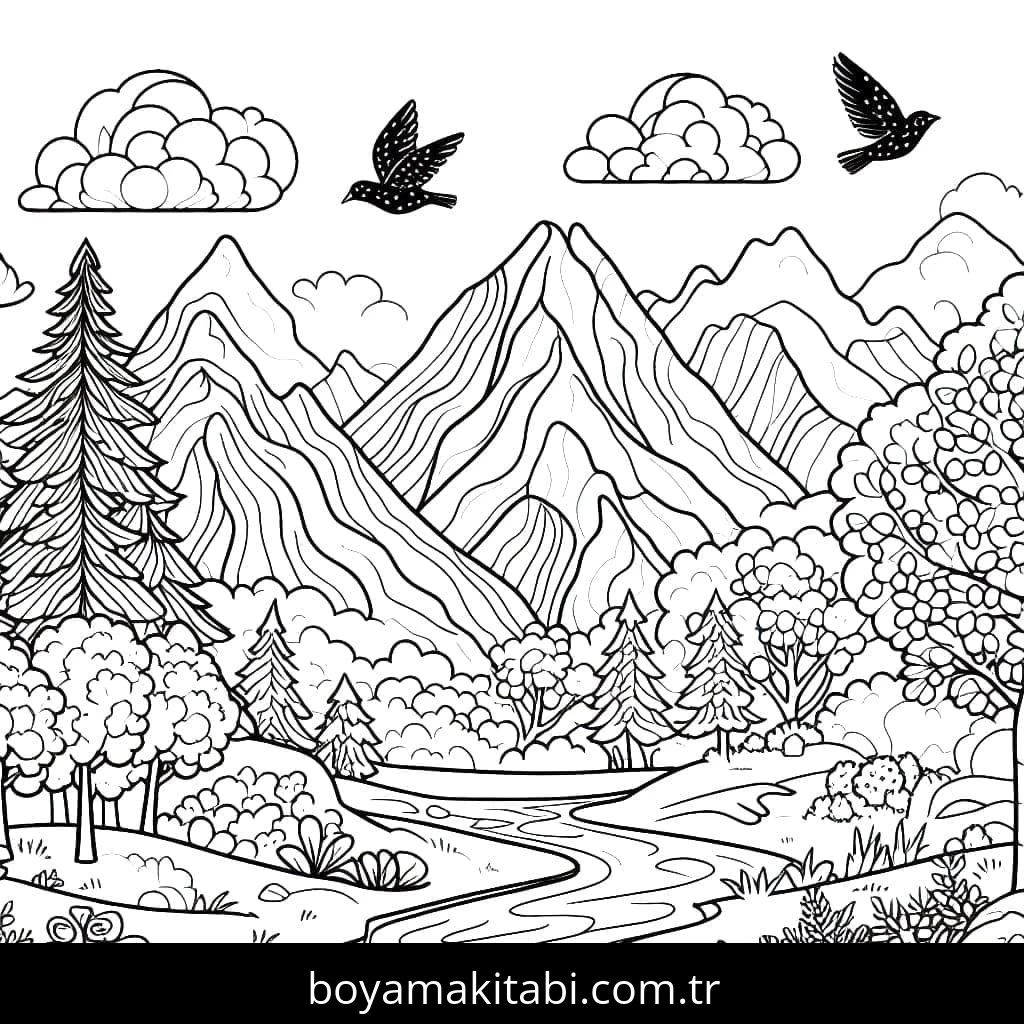 Dağ boyama sayfası – çocuklar için, çizgi film temalı