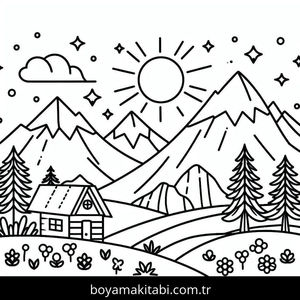 Dağ boyama sayfası – eğlenceli etkinlik, el becerilerini geliştirir