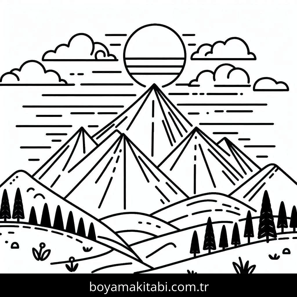 Dağ boyama sayfası – sevimli karakter, sanatsal çalışma