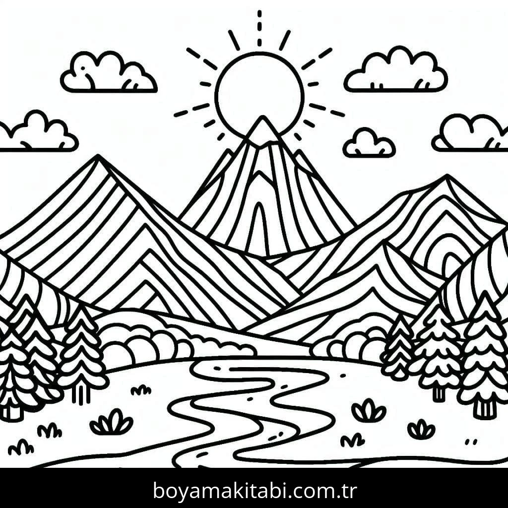 Dağ boyama sayfası – eğitici aktivite, yaratıcılık