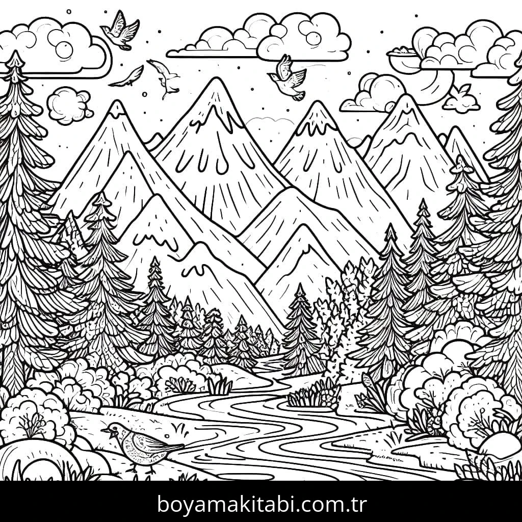 Dağ boyama sayfası – keyifli zaman, renkli çizimler