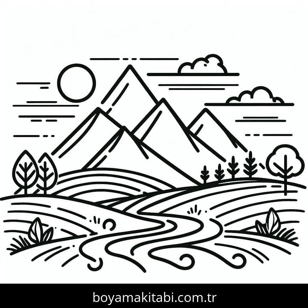 Dağ boyama sayfası – basit çizim, kolay boyama