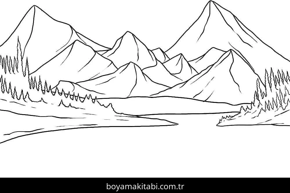 Dağ boyama sayfası – boyama çalışması, yaratıcılığı geliştirir