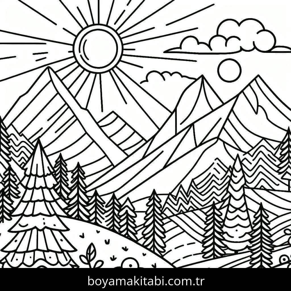 Dağ boyama sayfası – PDF indir, sevimli karakter