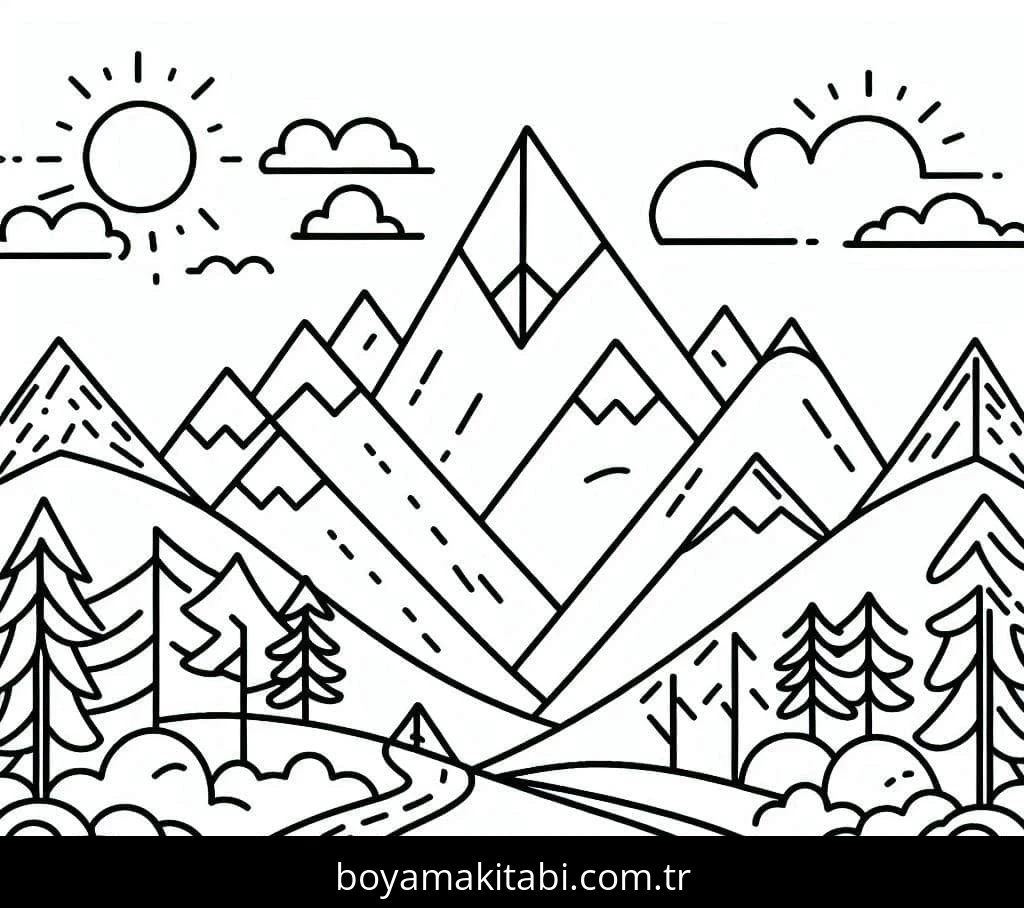Dağ boyama sayfası – kolay boyama, eğitici aktivite