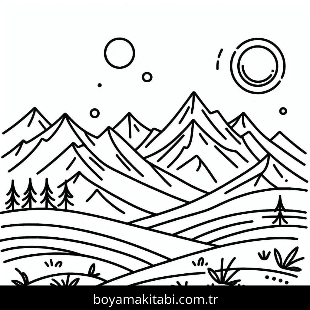 Dağ boyama sayfası – eğlenceli etkinlik, el becerilerini geliştirir