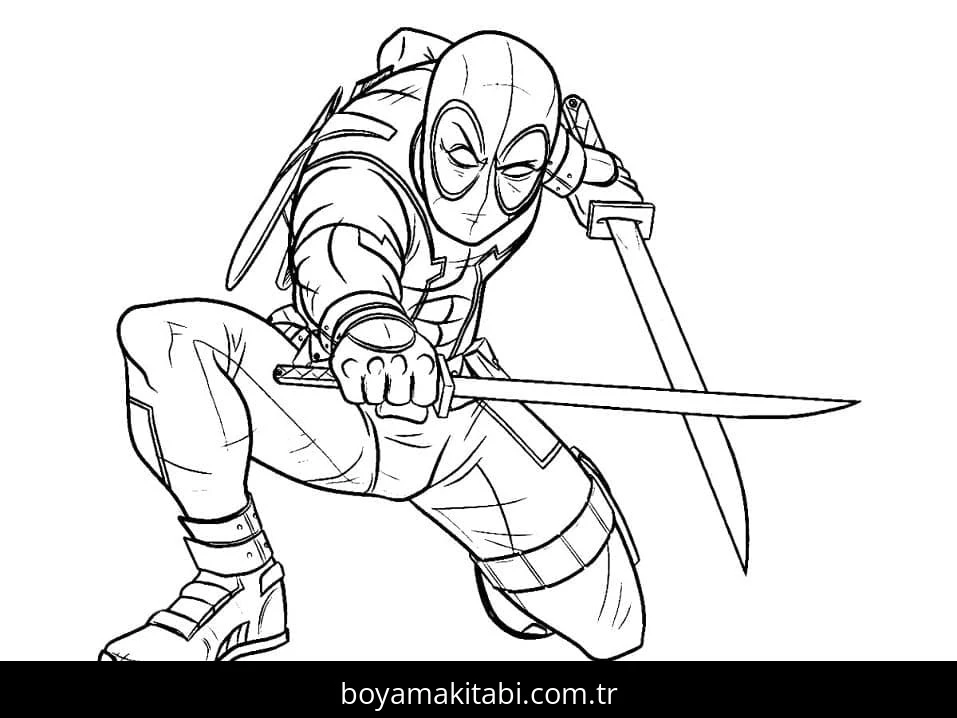 Deadpool boyama sayfası – çocuk aktivitesi, PDF indir