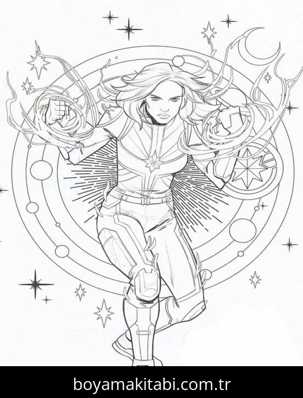 Captain Marvel boyama sayfası – renkli çizimler, okul öncesi