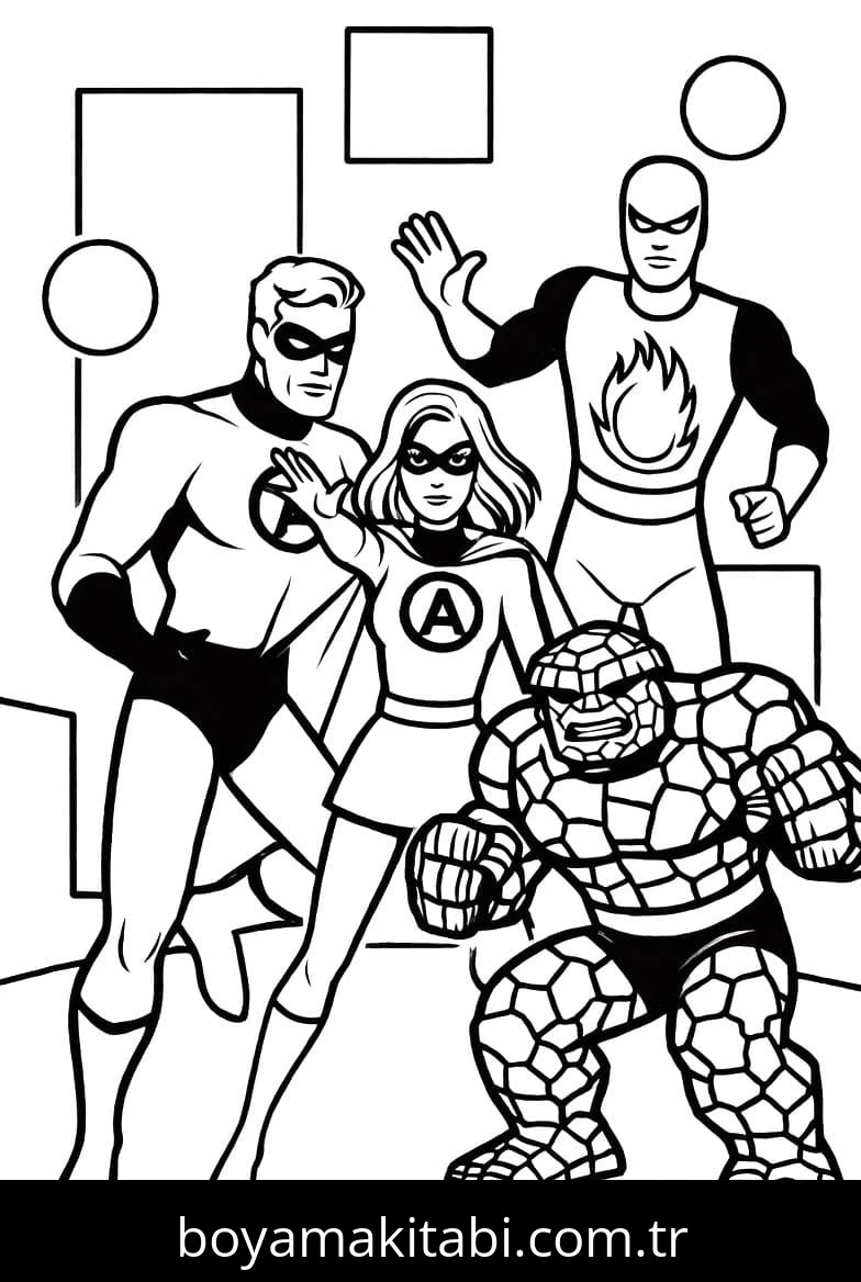 Fantastic Four boyama sayfası – keyifli zaman, renkli çizimler