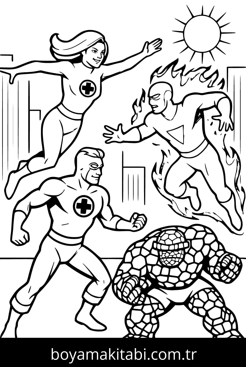 Fantastic Four boyama sayfası – basit çizim, kolay boyama