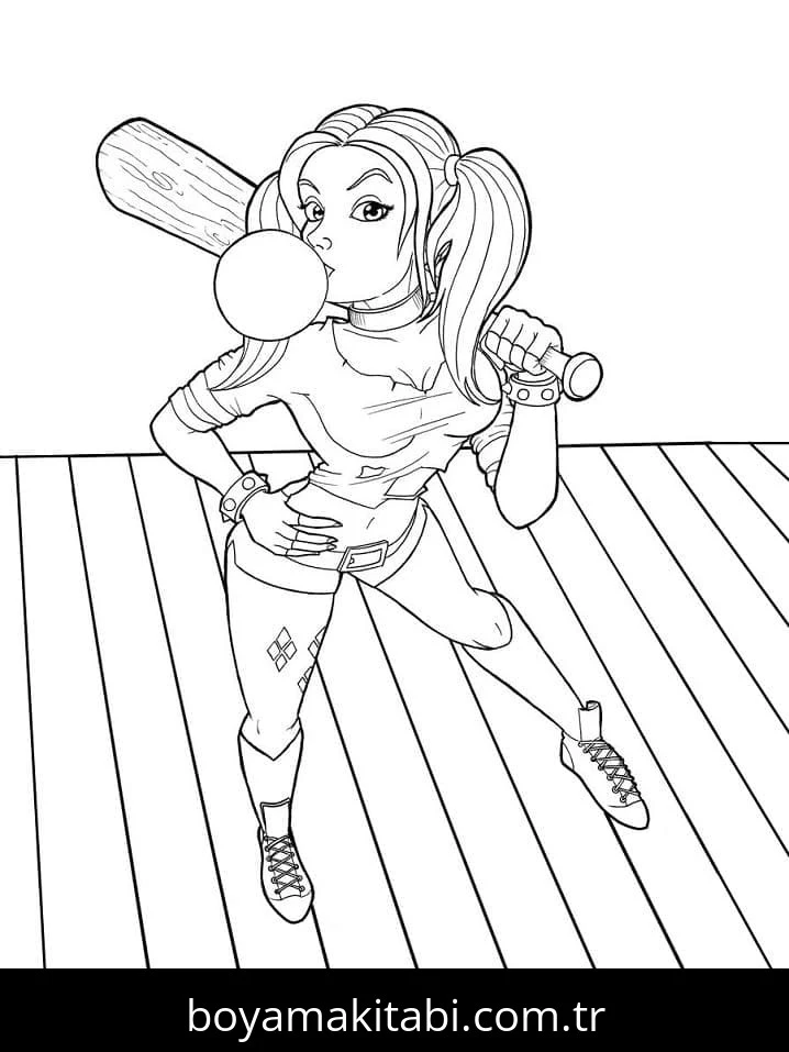 Harley Quinn boyama sayfası – çocuk aktivitesi, PDF indir