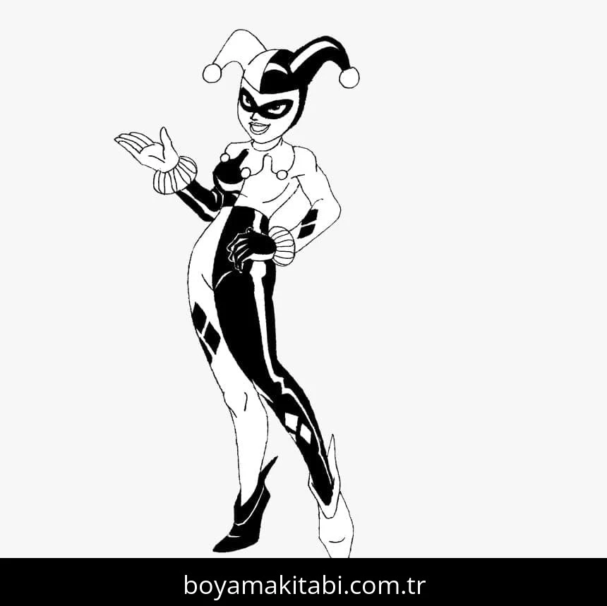 Harley Quinn boyama sayfası – basit çizim, kolay boyama