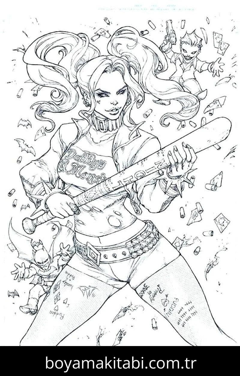 Harley Quinn boyama sayfası – ücretsiz yazdır, boyama etkinliği